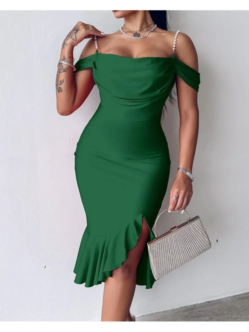 👗Women's Green Off Shoulder Design Cocktail  Pearls Strap Bodycon Midi Dress